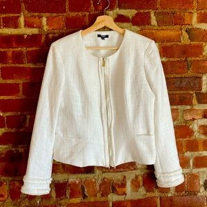 White Woven Jacket with Gold Zippers